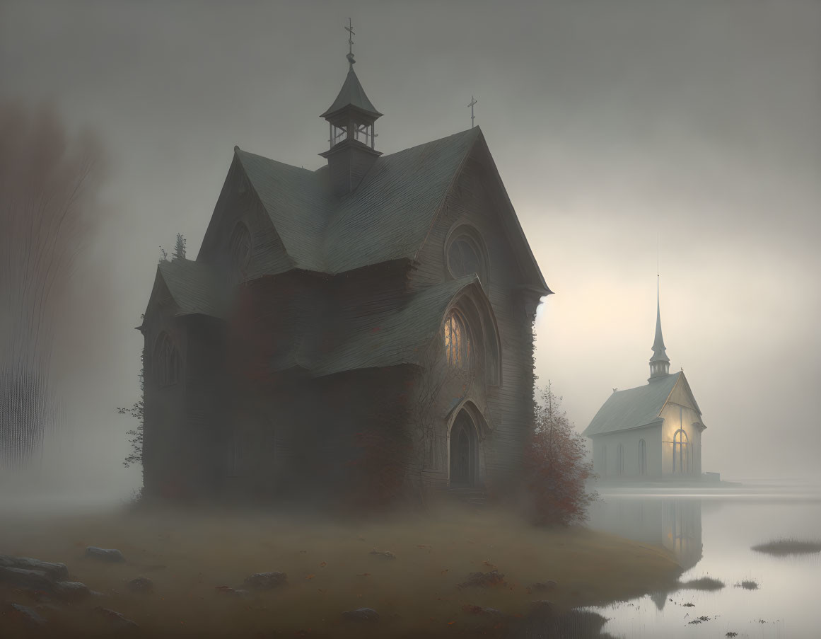 Foggy Gothic church reflected in pond amid misty trees