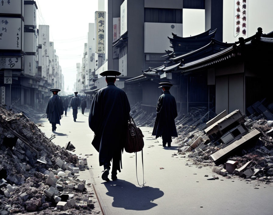 Three individuals in traditional attire navigating a debris-filled street with damaged buildings.