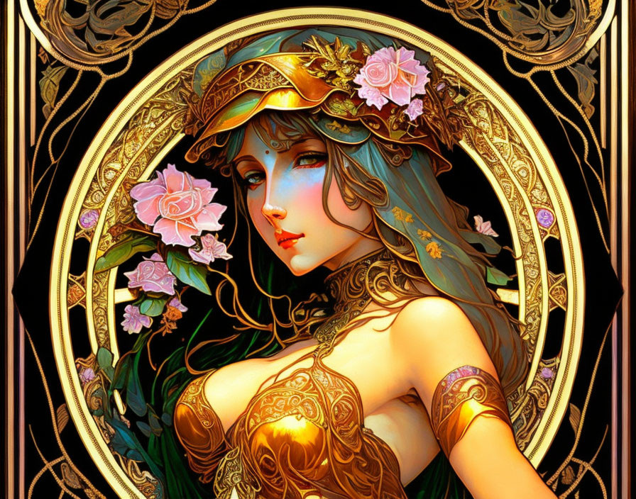 Illustrated female figure with floral crown and gold adornments in circular art nouveau design