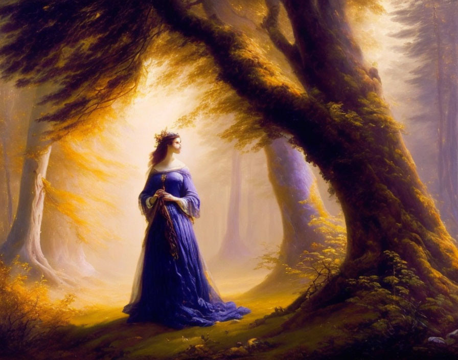 Woman in Blue Gown Stands in Mystical Forest