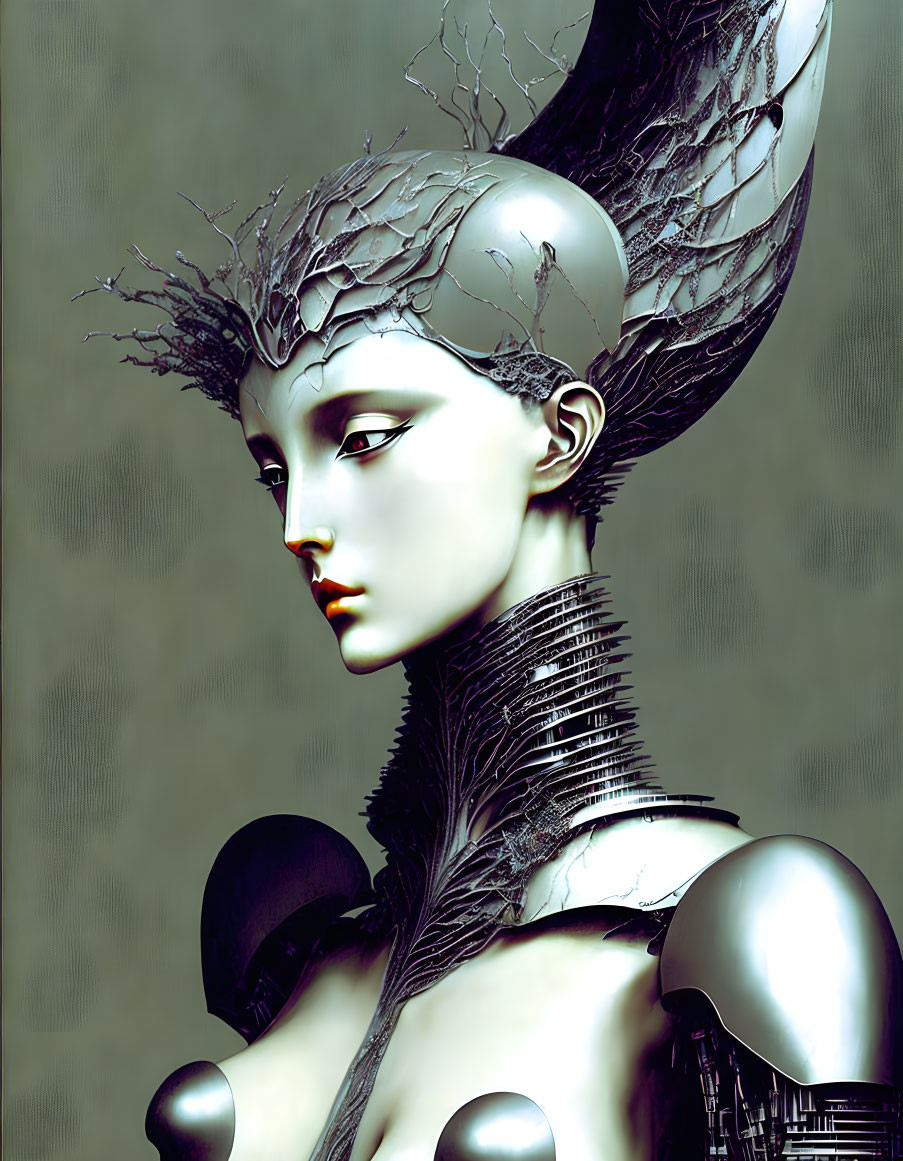 Digital Artwork of Female Figure with Metallic Skin and Elaborate Branch-Like Headdress