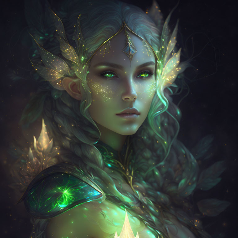 Mystical elf with green eyes and leafy hair in enchanted setting