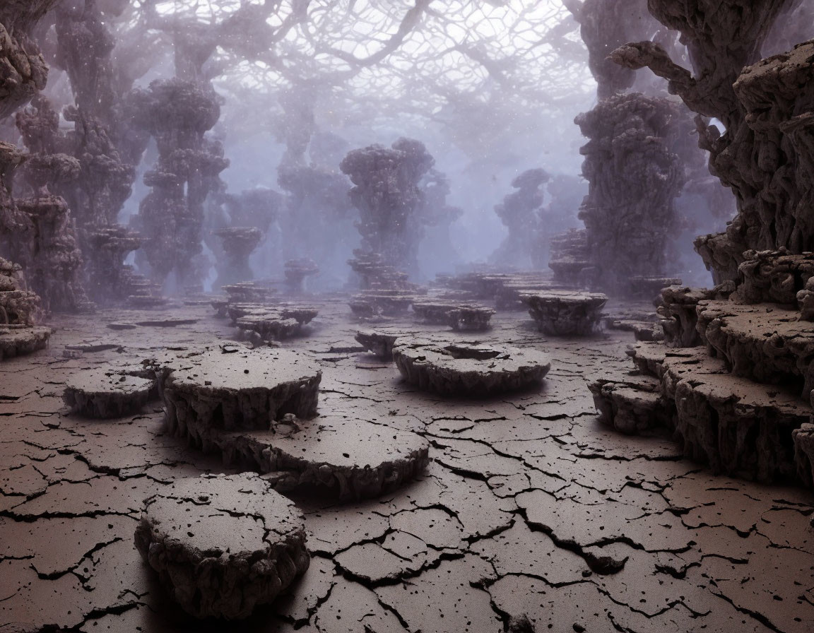 Mystical forest with towering stone structures in hazy atmosphere