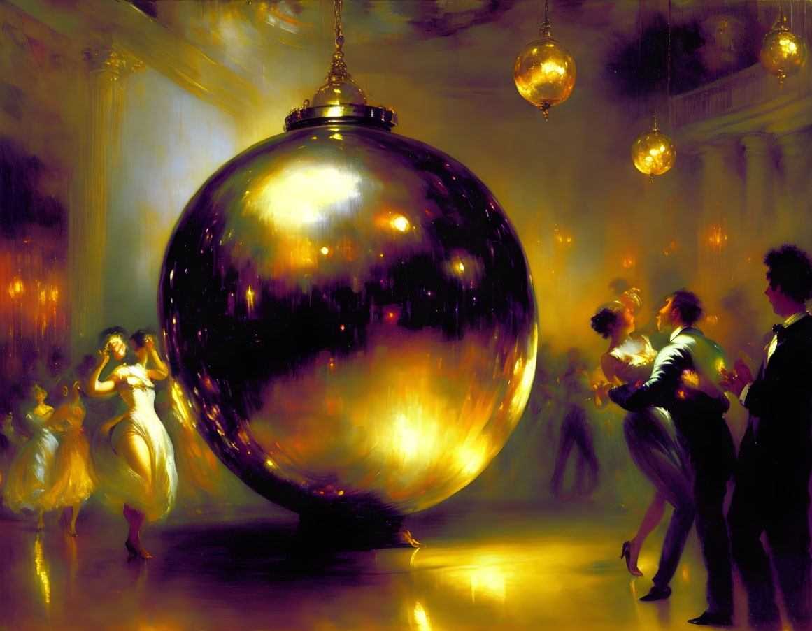 Sophisticated ballroom dance with reflective sphere and warm lighting