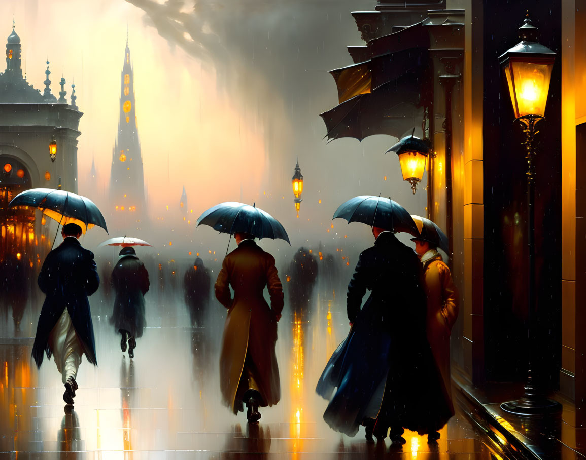 Pedestrians with umbrellas on rain-soaked street at twilight