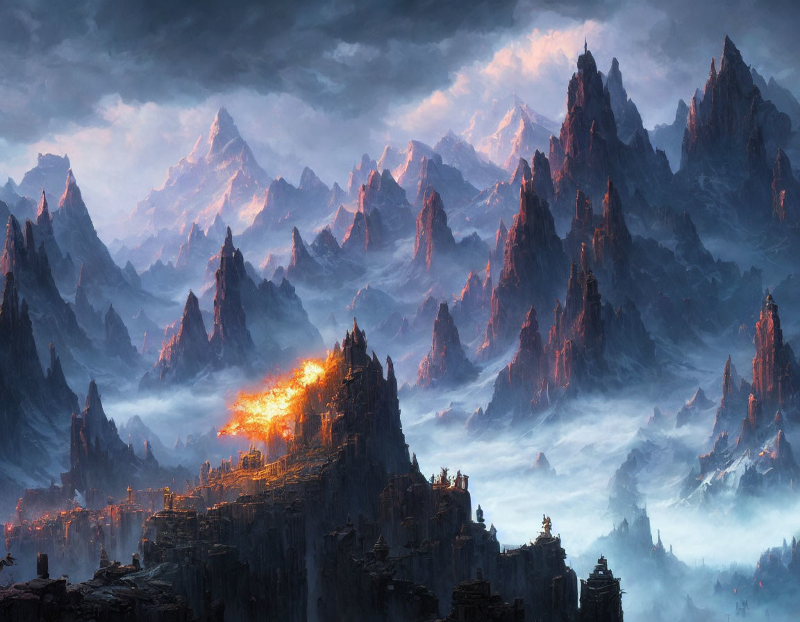 Mystical landscape with towering mountain peaks and glowing city