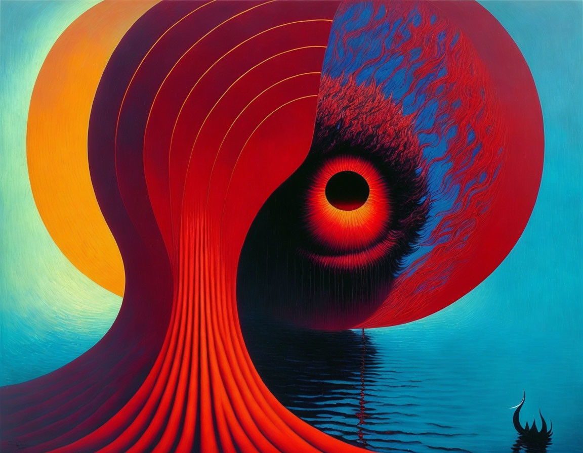 Vibrant surreal artwork: red wave with eye, blue water, gradient sky