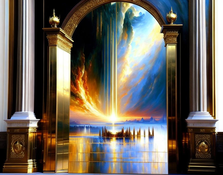 Luxurious Room with Golden Pillars and Sunset Painting