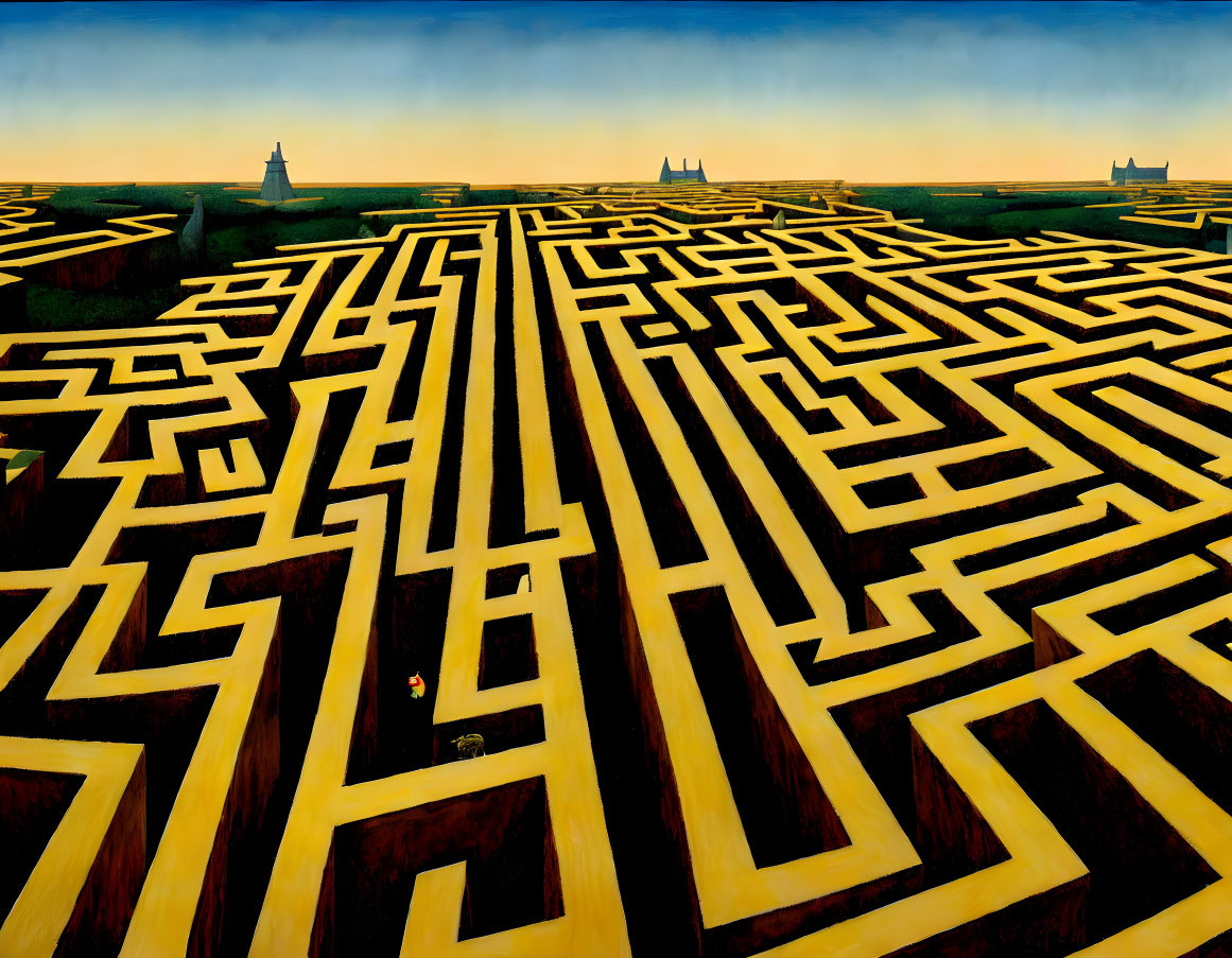 Expansive sky over vast maze with lone figure