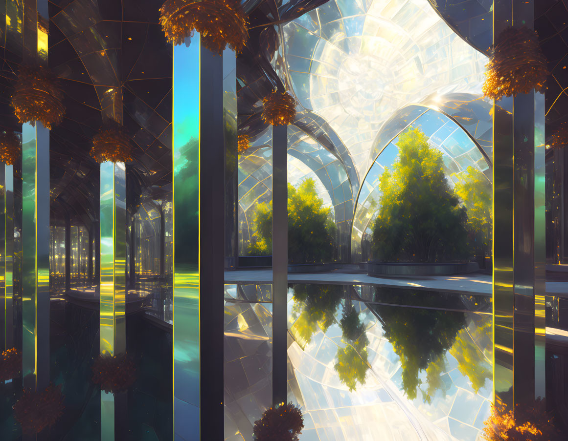 Glass dome ceiling, reflective floors, verdant trees: a serene futuristic greenhouse.