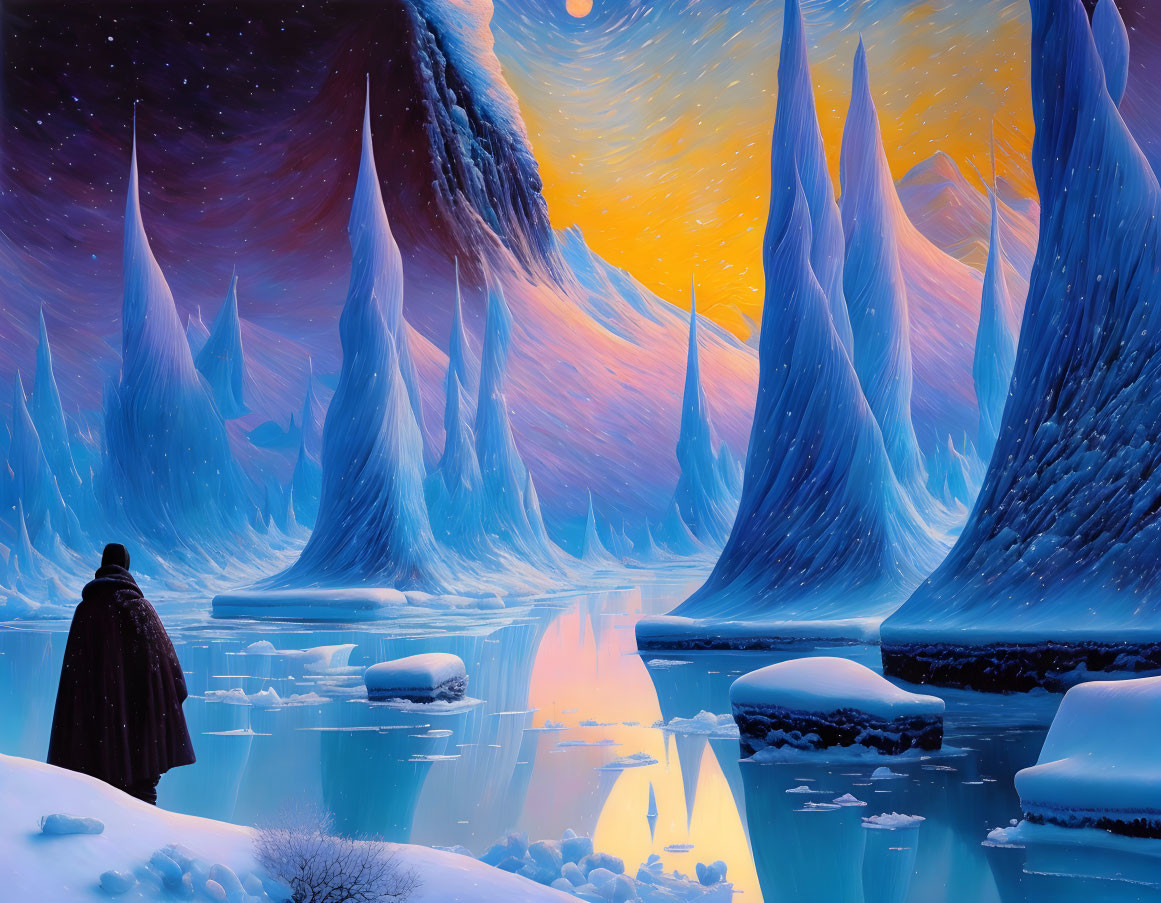 Cloaked figure in icy landscape with blue spires and glowing sky