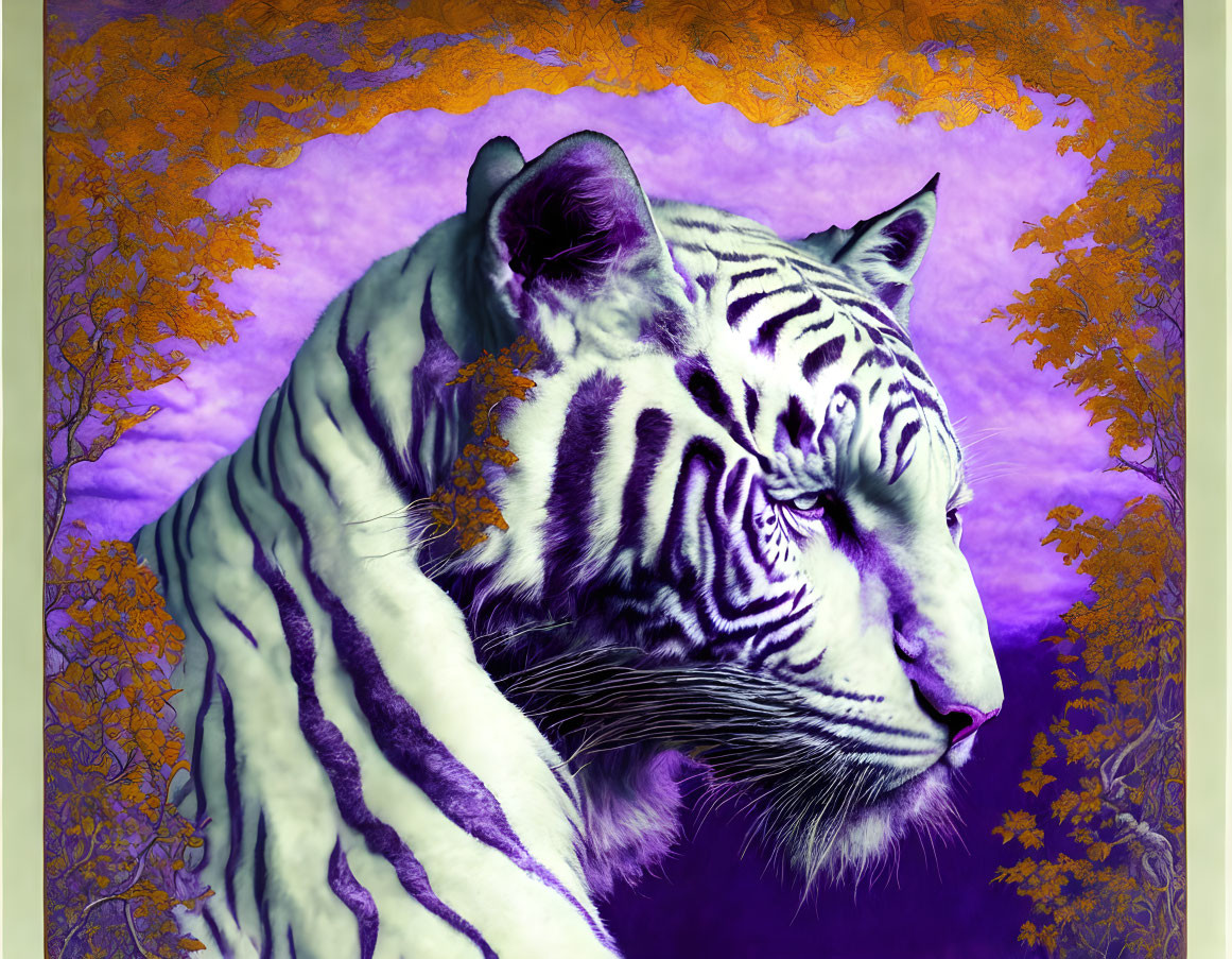 White tiger with purple stripes in surreal purple and gold background