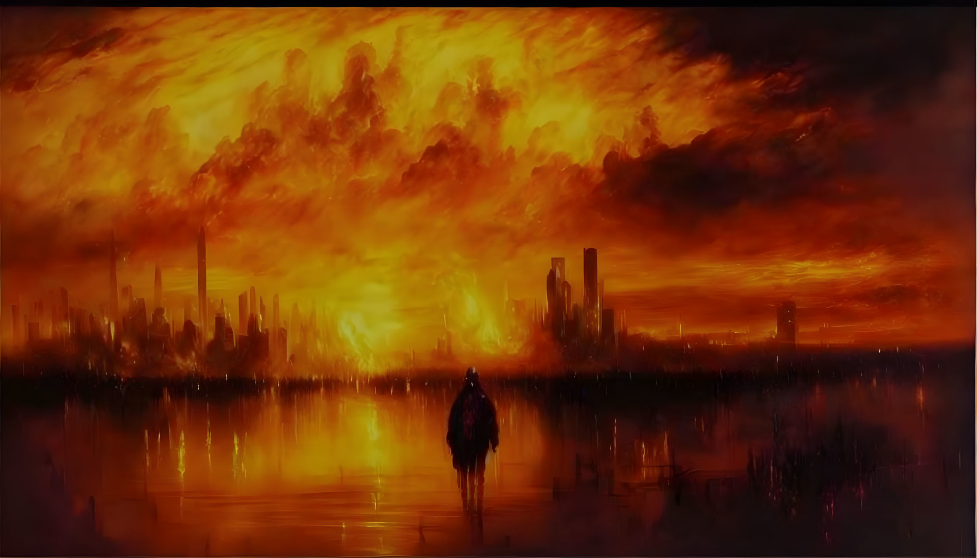 Solitary figure in dystopian city under fiery sky with dramatic clouds reflected on water.