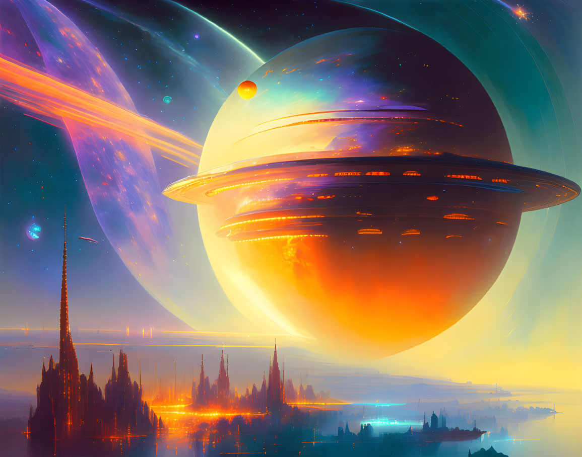 Futuristic sci-fi landscape with giant ringed planet, shooting star, and radiant auroras