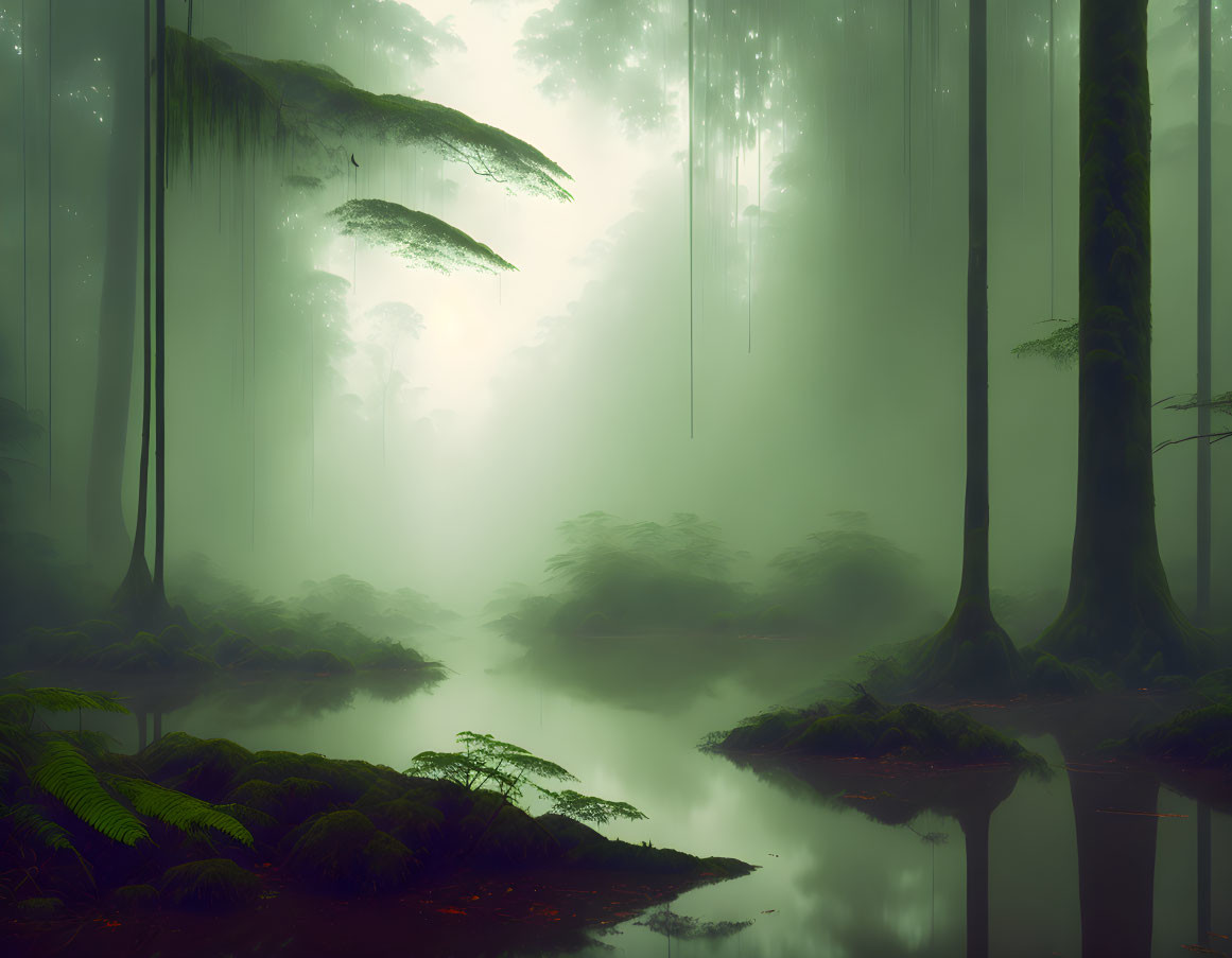 Majestic foggy forest with towering trees and serene water body