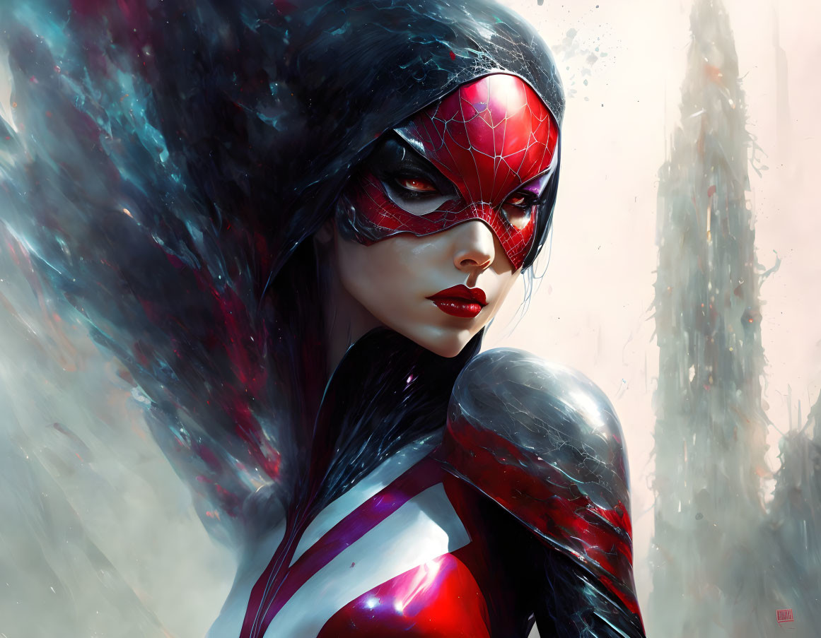 Illustration of Female Superhero in Red and Black Mask Against Cosmic Background