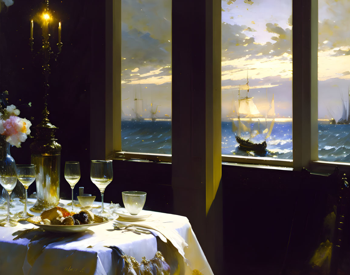 Indoor dining setting with sunset sea view, ships on horizon, half-eaten meal, wine glasses