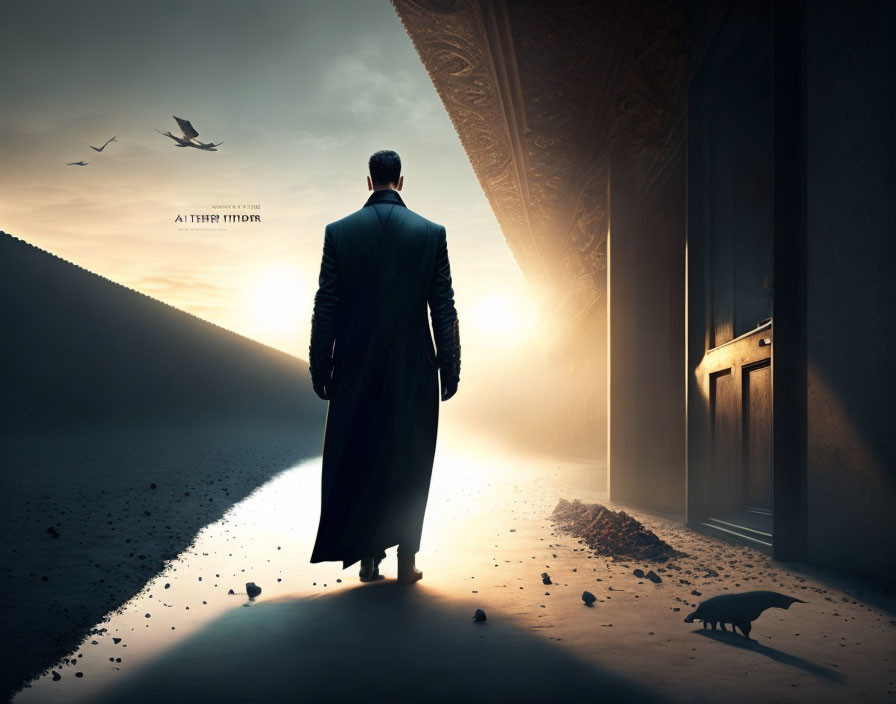 Man in suit and trench coat by open door in surreal landscape with birds and cat