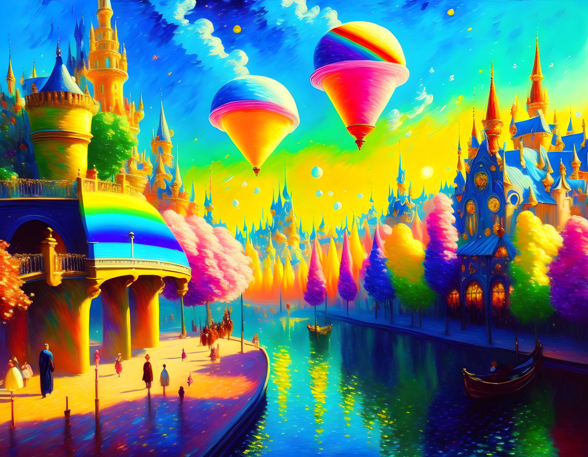 Colorful Fantasy Landscape with Castle, Hot Air Balloons, and River Scene