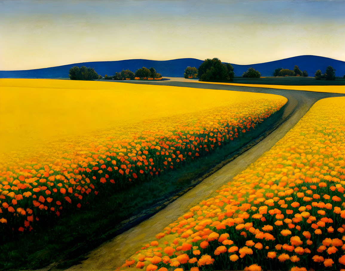 Yellow Fields and Dirt Road with Orange Flowers under Blue Sky