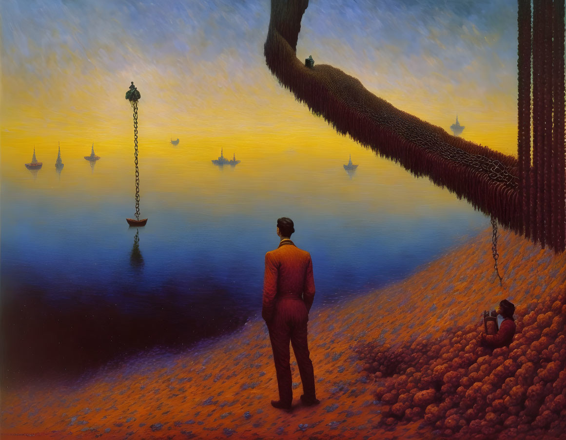 Surreal painting: man on beach at sunset with sea lamppost, ships, apple wall