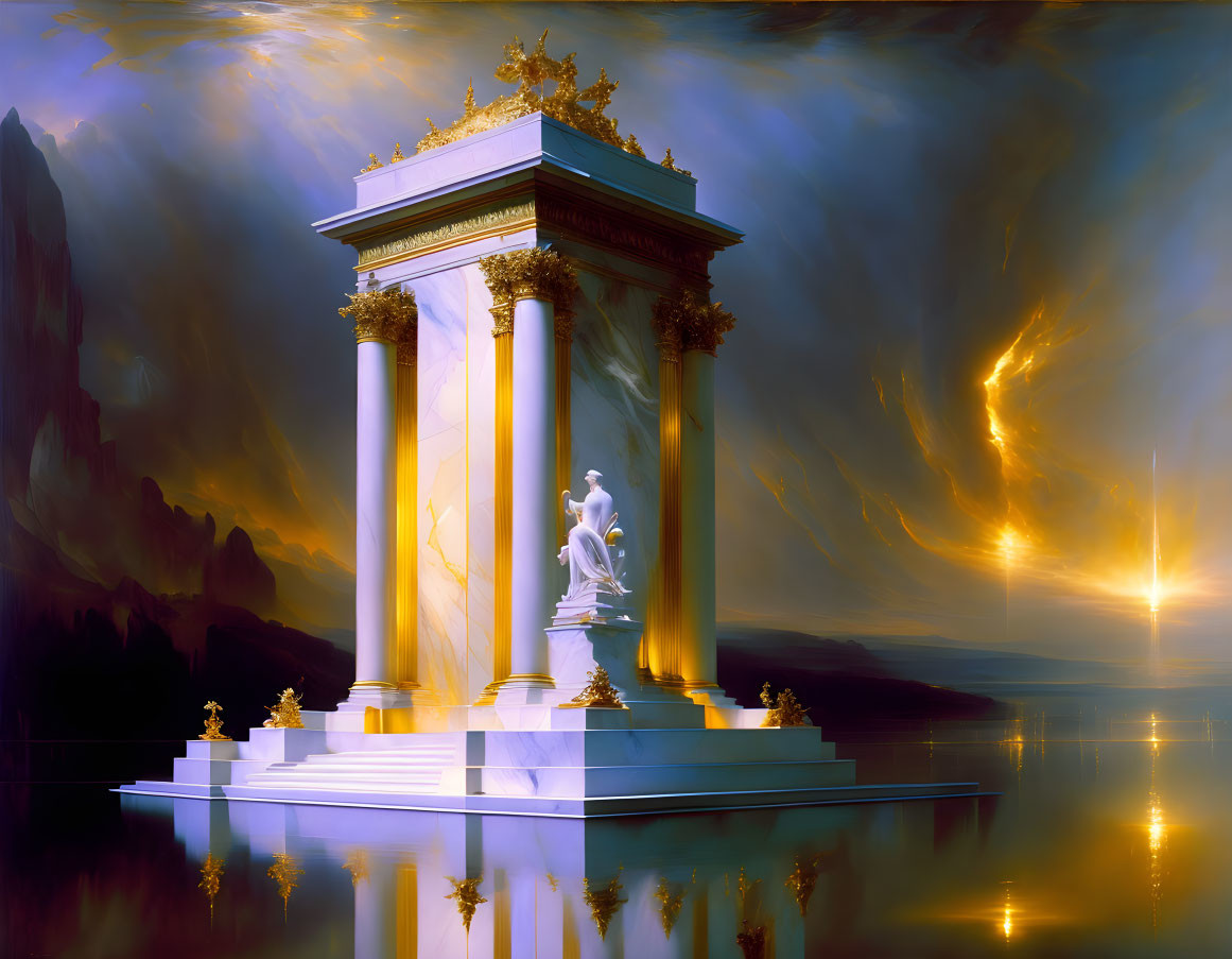 Classical monument with pillars and golden embellishment in dramatic sky