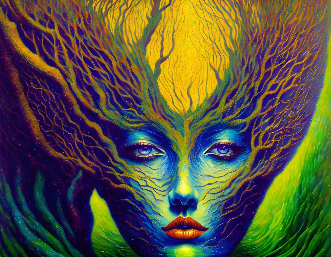 Colorful surreal painting of face with tree-like features