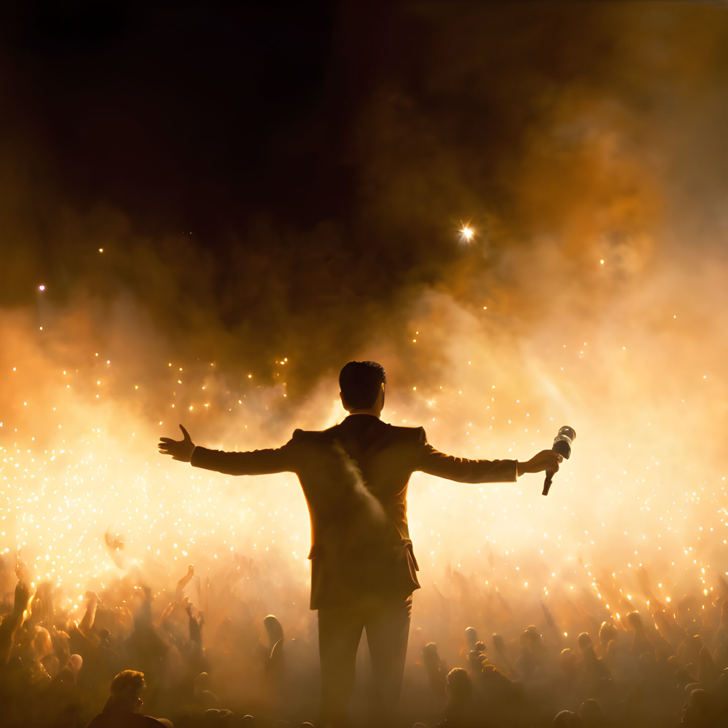 Performer with outstretched arms in front of cheering crowd at night show