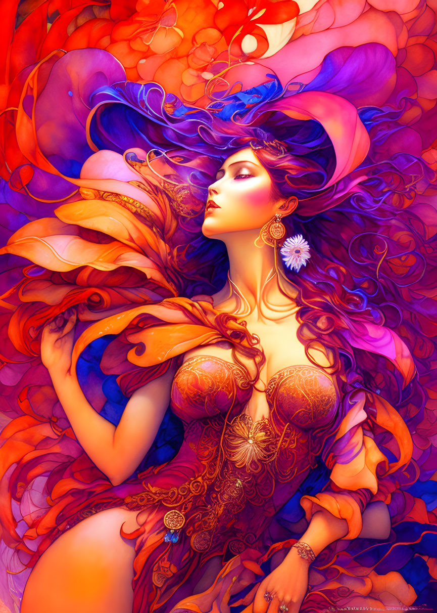 Colorful Abstract Art: Woman with Flowing Hair in Purple, Red, and Orange