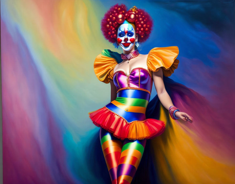 Colorful Clown in Rainbow Costume and Red Wig on Multicolored Background