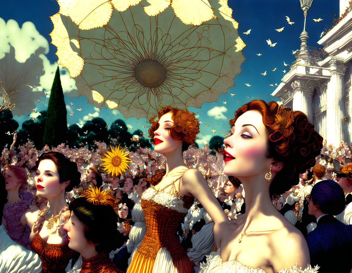 Elegantly dressed women in vibrant, fantastical setting with flowers and butterflies