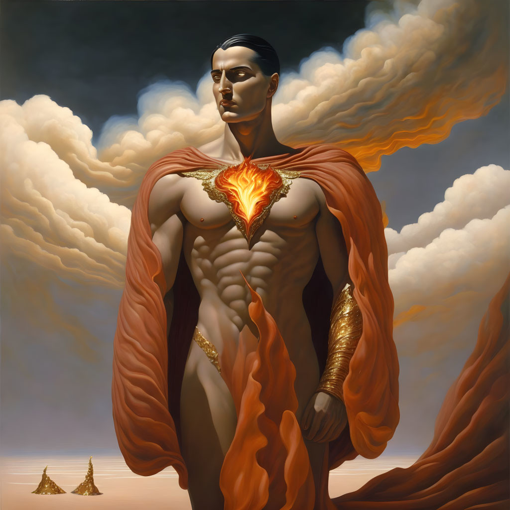 Surreal painting of shirtless male with fiery heart and flowing cape