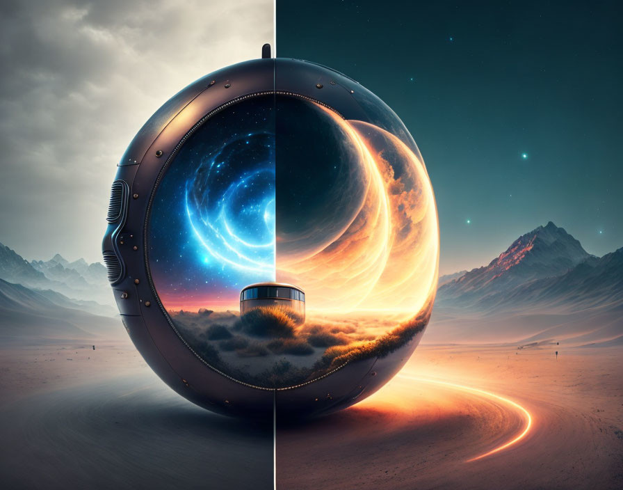 Split spherical object on desert landscape with cosmic and earthly scenes