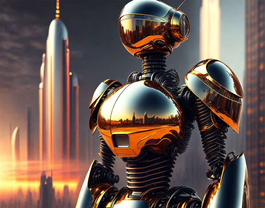 Reflective gold futuristic robot against sunset skyscrapers