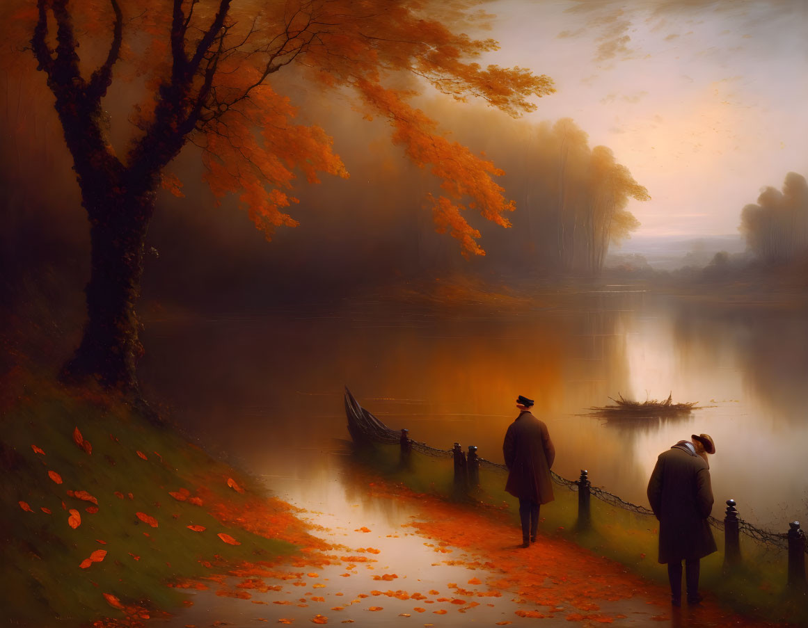 Autumn scene: Two individuals at serene lake with boat and fallen leaves