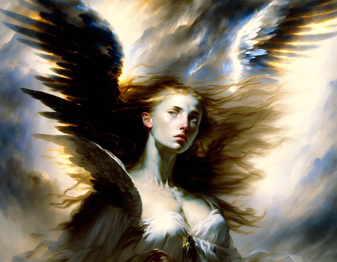 Woman with Dark Wings and Windswept Hair in Luminous Painting