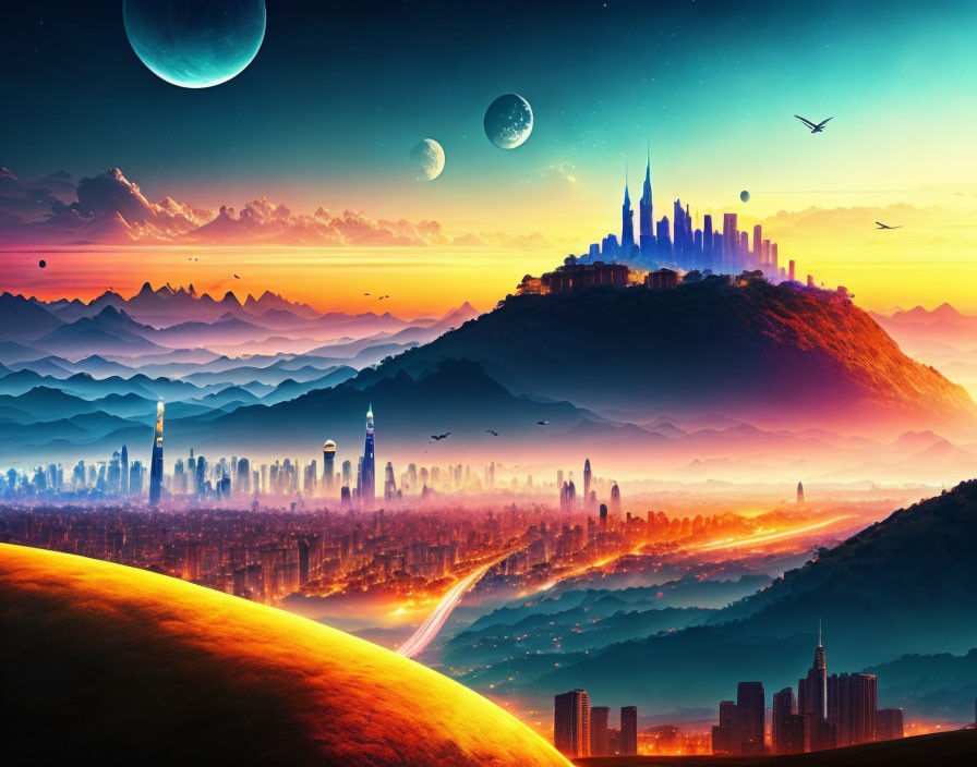 Futuristic city skyline at sunset with two moons and mountains