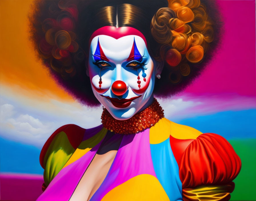 Vibrant clown painting with curly hair and colorful costume.