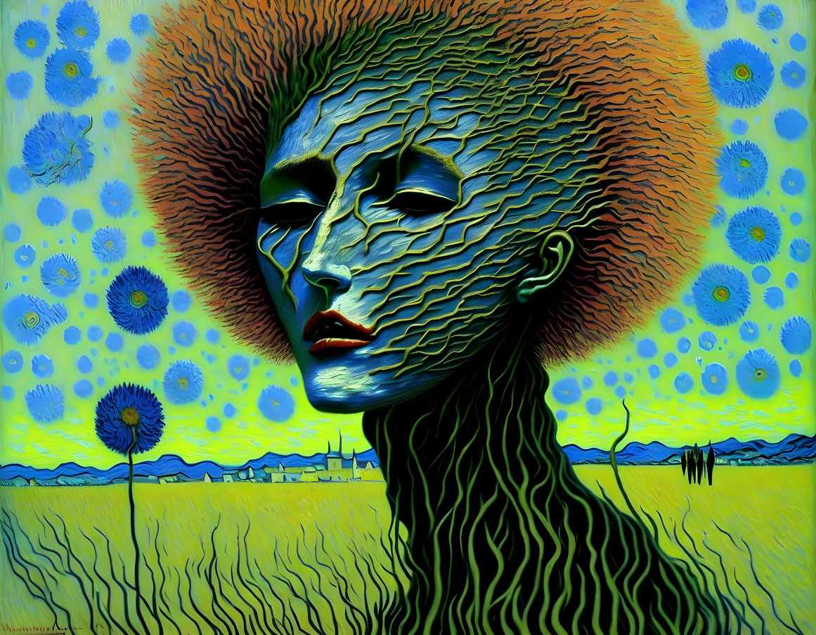 Figure with textured skin and sunflower afro under blue sky in surreal portrait