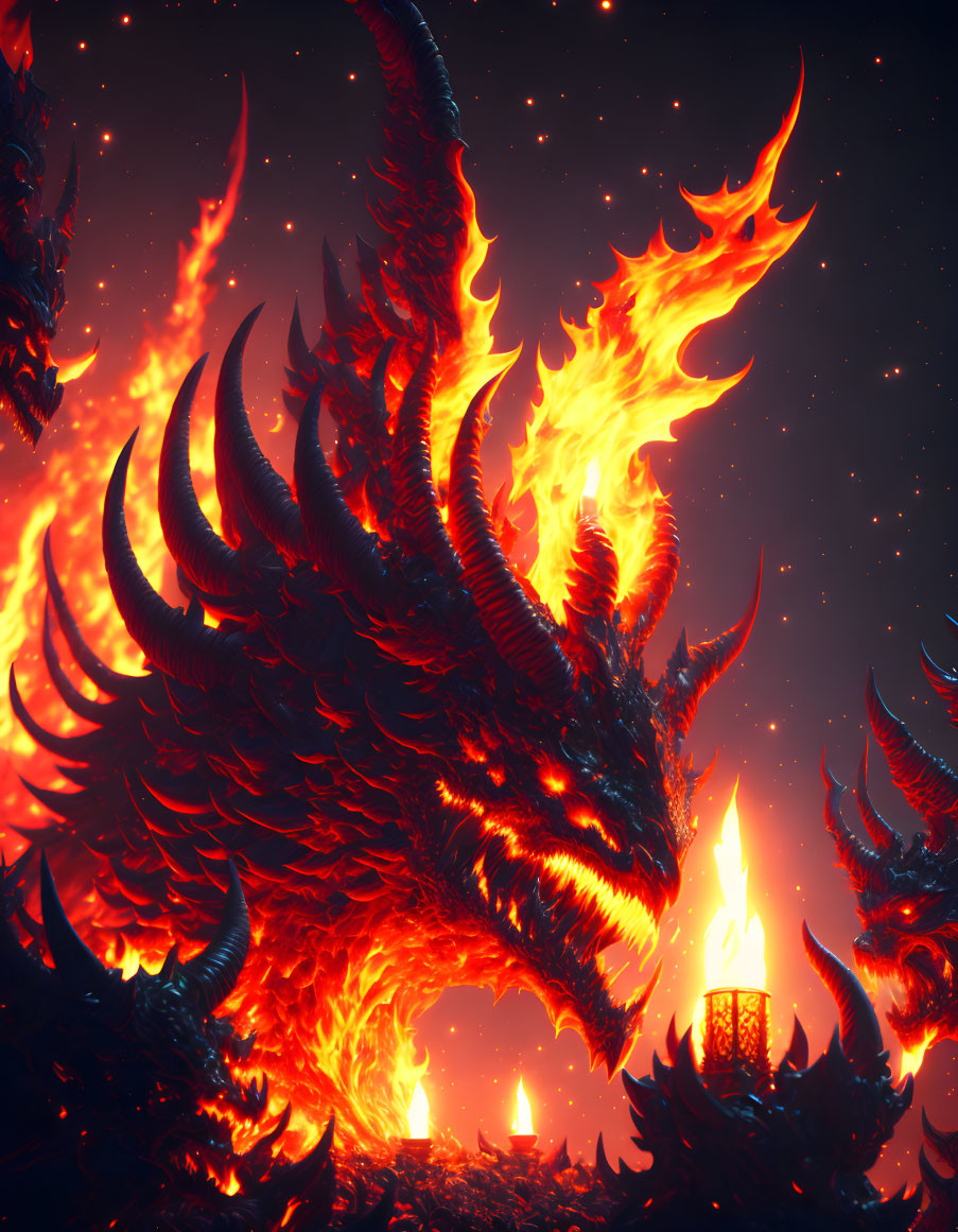 Fiery dragon with glowing eyes in hellish landscape