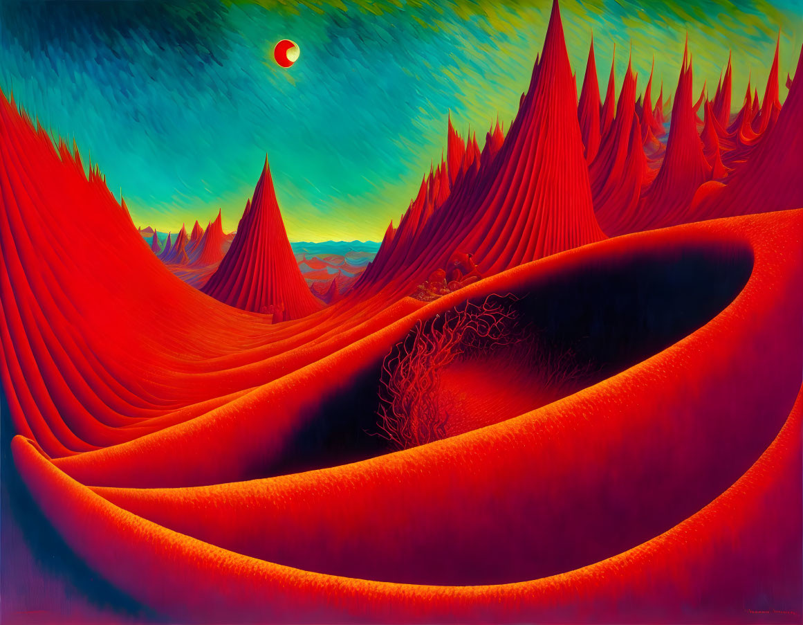 Vibrant red and orange surreal landscape with pointed peaks and red moon