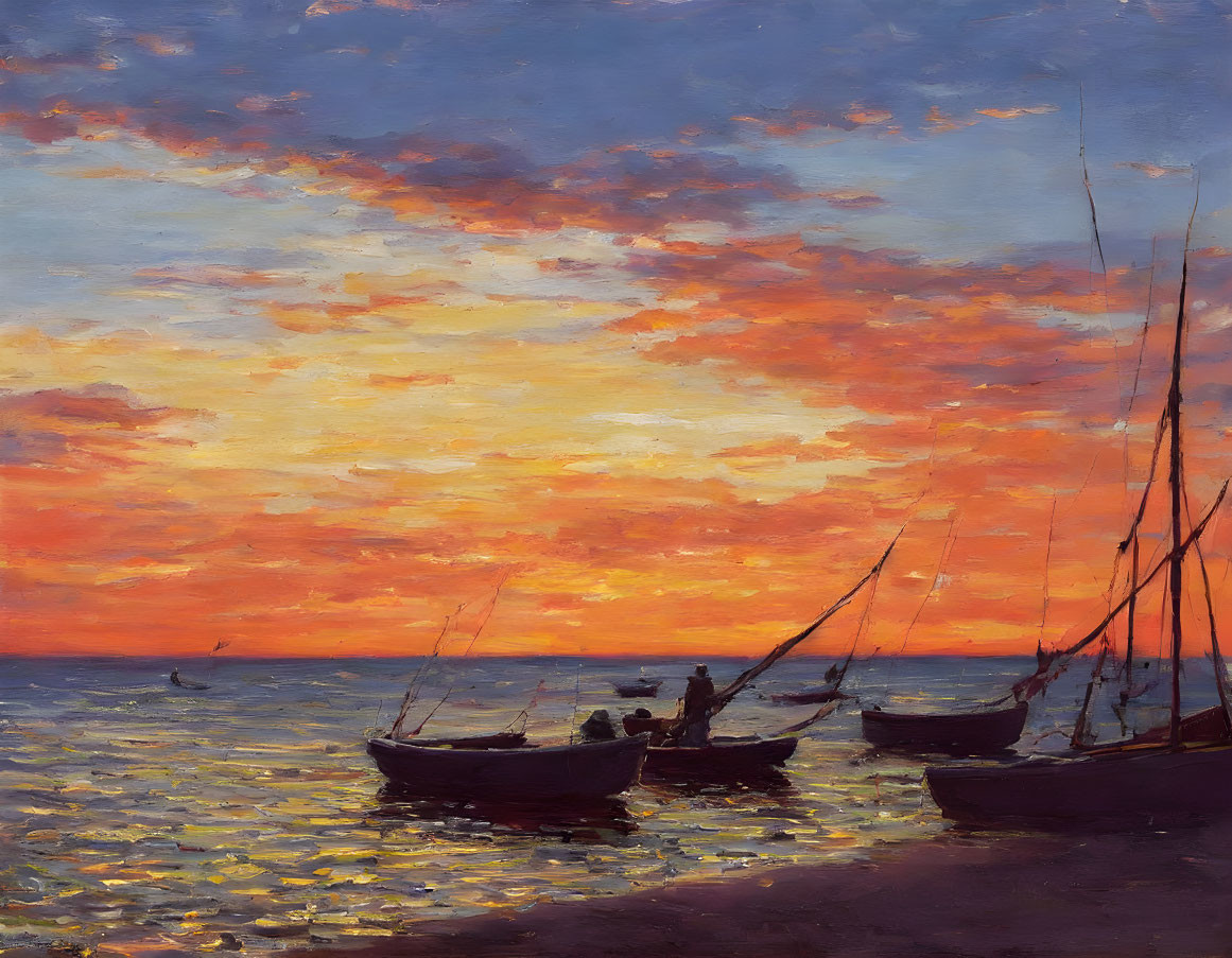 Sailboats oil painting: vivid sunset sky, shimmering water