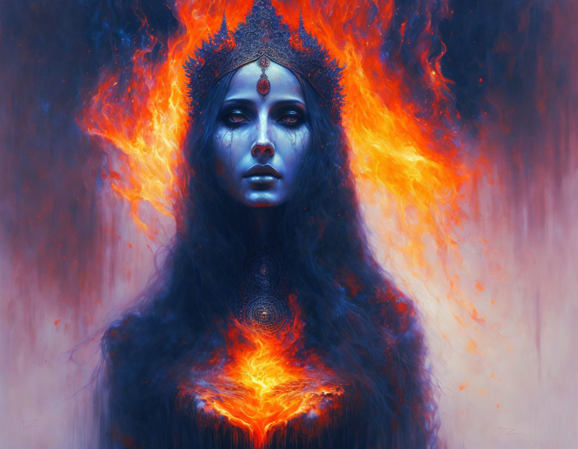 Mystical artwork: Woman with flame crown, blue skin, fiery background