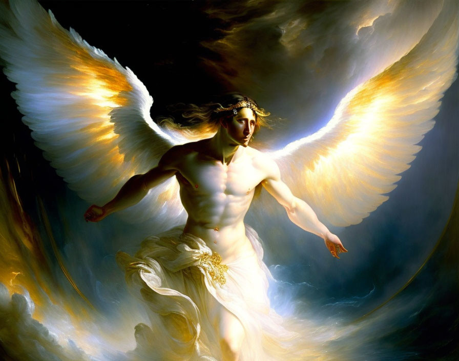 Ethereal figure with white wings in divine light swirl