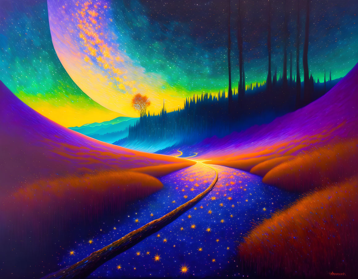 Colorful Starry Night Sky Painting with Surreal Landscape & Winding Path