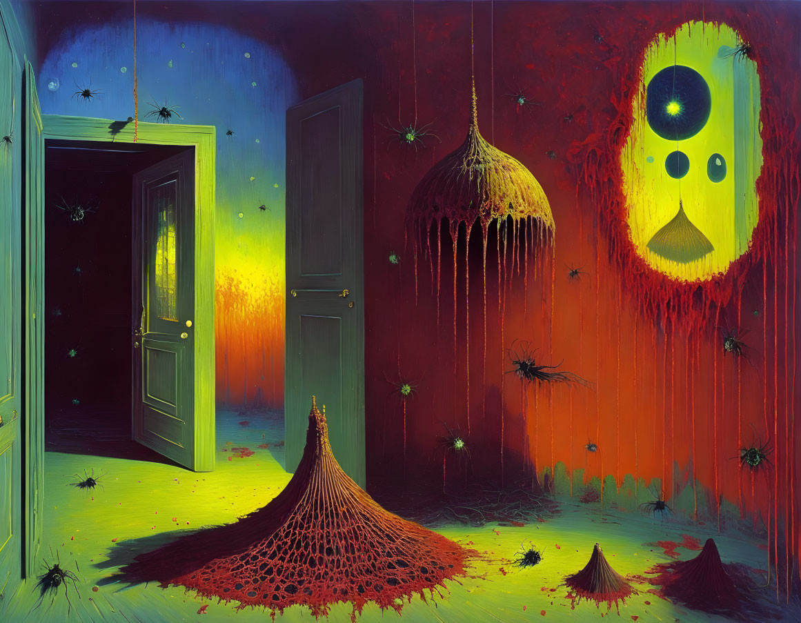 Surreal room with rainbow walls, spiders, melting lamp, and bizarre yellow entity