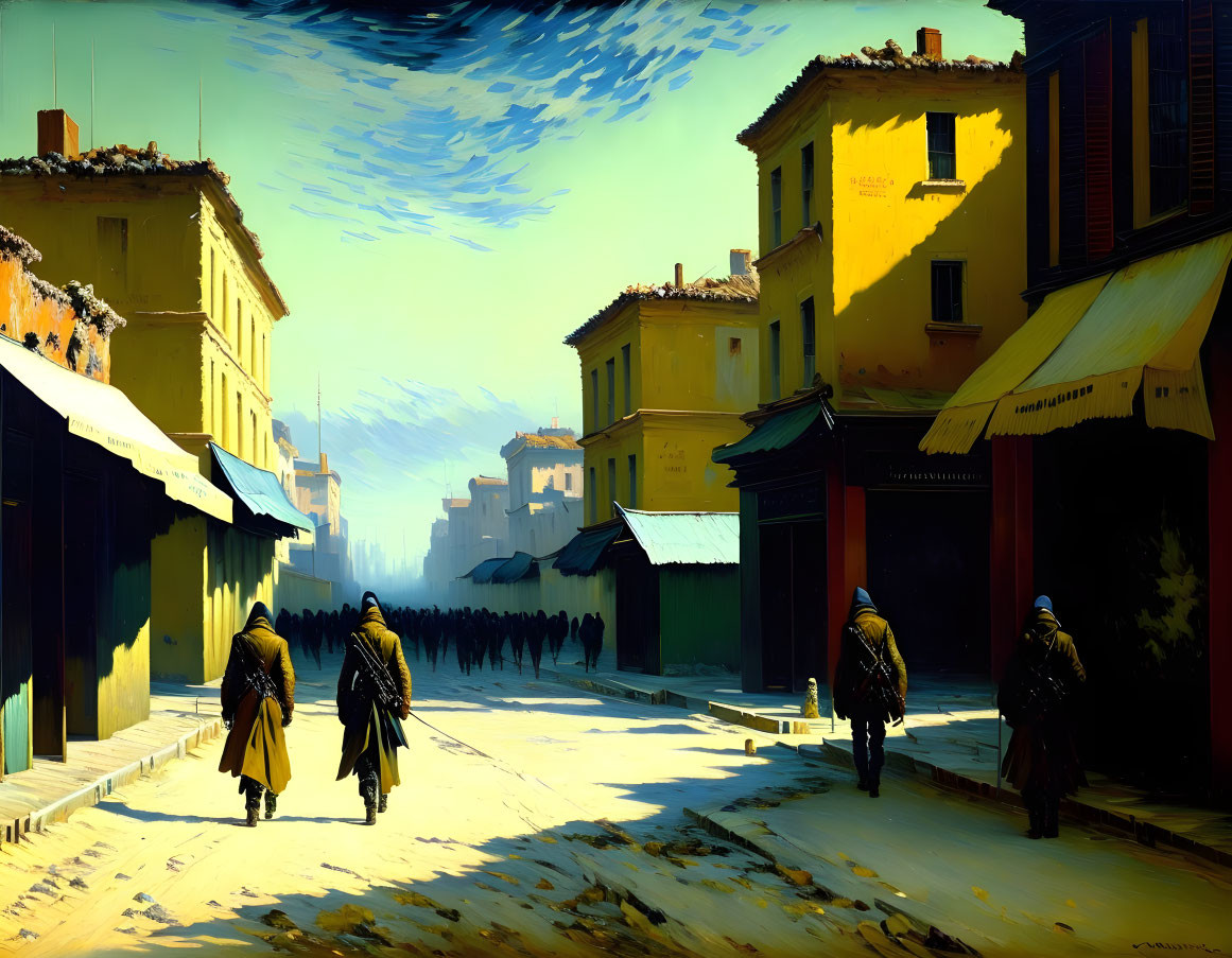 Snowy street scene with shadowy figures and colorful buildings under vibrant sky