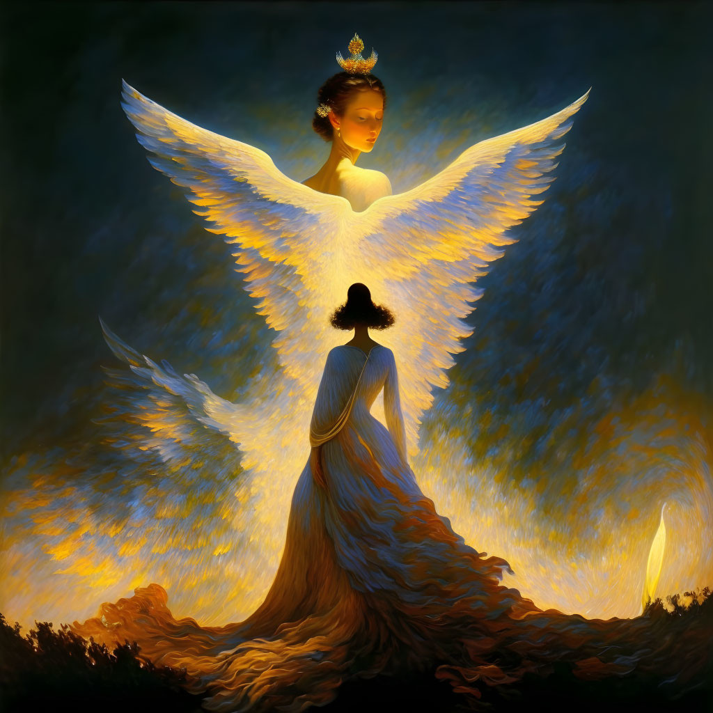 Regal figure with luminous wings and flowing gown against dark backdrop