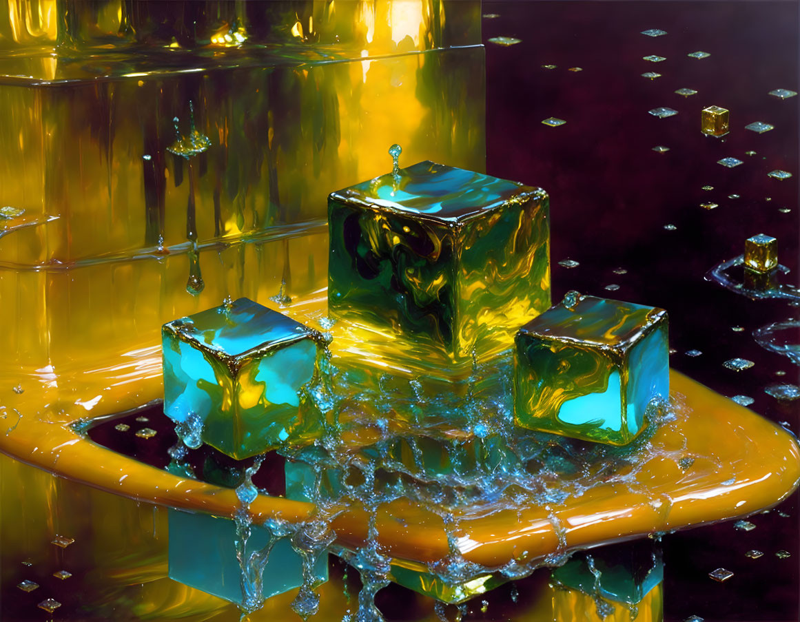 Reflective golden cubes with blue accents on glossy surface with water droplets