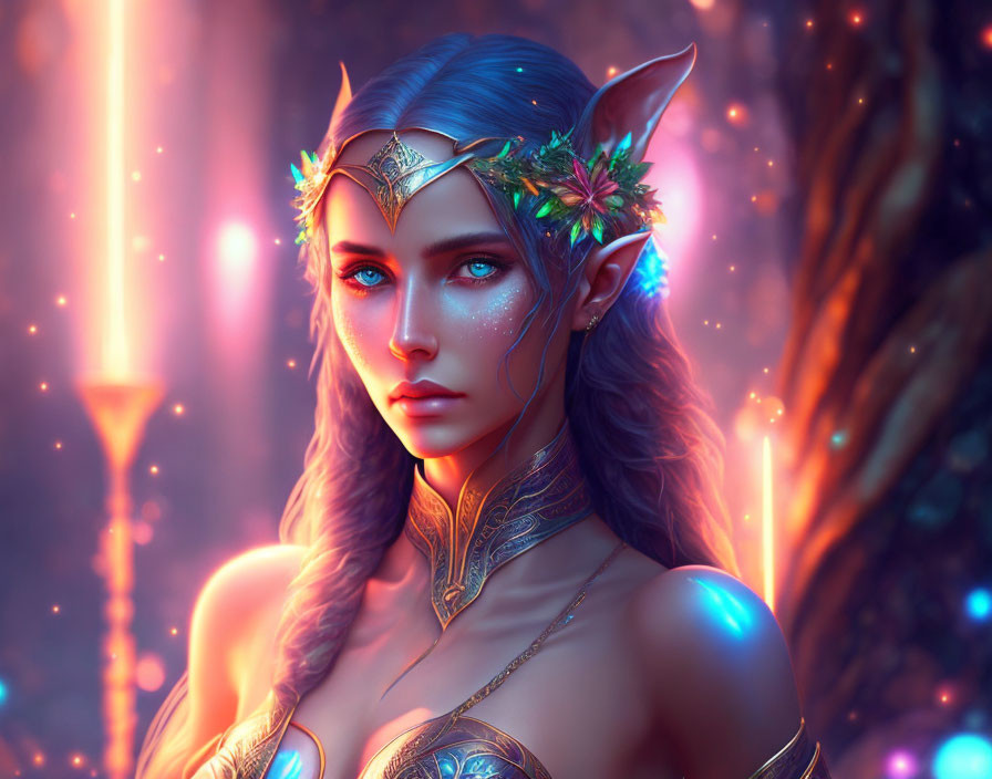 Female elf digital artwork in mystical forest setting with gold jewelry